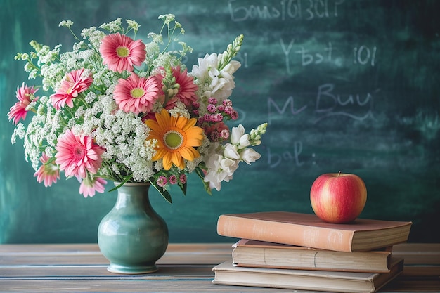 un bouquet di fiori in un vaso sulla scrivania degli insegnanti con libri di mele sullo sfondo della lavagna