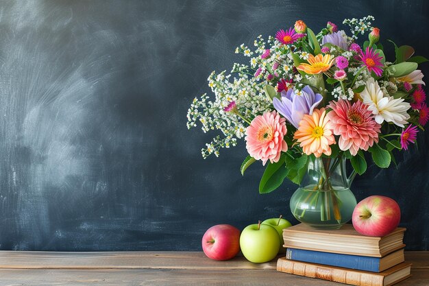 un bouquet di fiori in un vaso sulla scrivania degli insegnanti con libri di mele sullo sfondo della lavagna