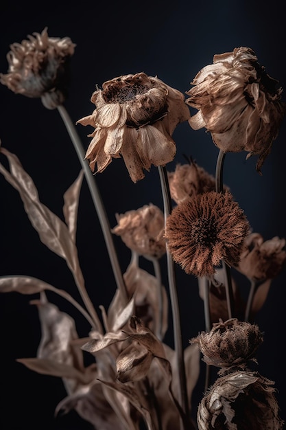 Un bouquet di fiori morti con lo sfondo scuro