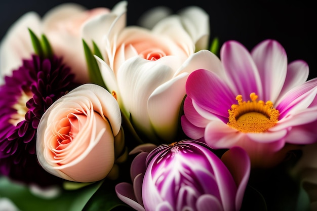 Un bouquet di fiori rosa, bianchi e gialli.