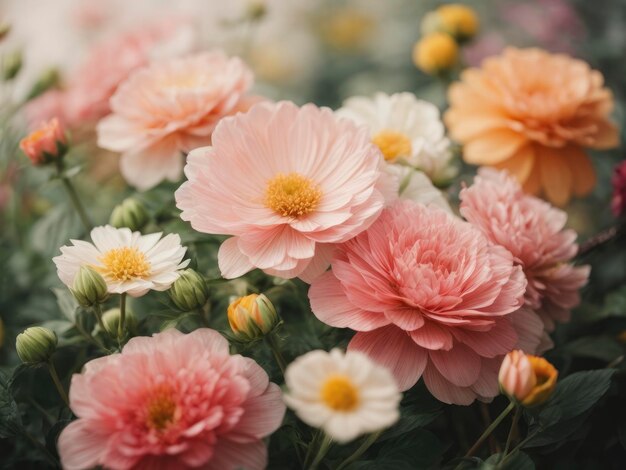 un bouquet di fiori rosa e bianchi in un giardino con foglie verdi