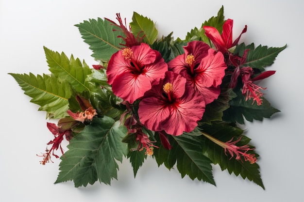 Un bouquet di fiori rossi con foglie verdi su sfondo bianco