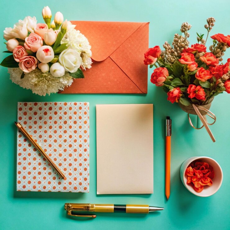 un bouquet di fiori si siede su un tavolo con una penna e una matita