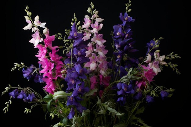 un bouquet di fiori viola con il titolo " h. e. "