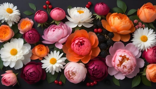 Un bouquet di fiori vivaci tra cui peonie rosa rose arancioni margherite bianche e bacche rosse