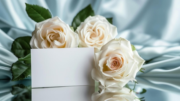 Un bouquet di grandi e belle rose bianche con una carta bianca vuota per scrivere