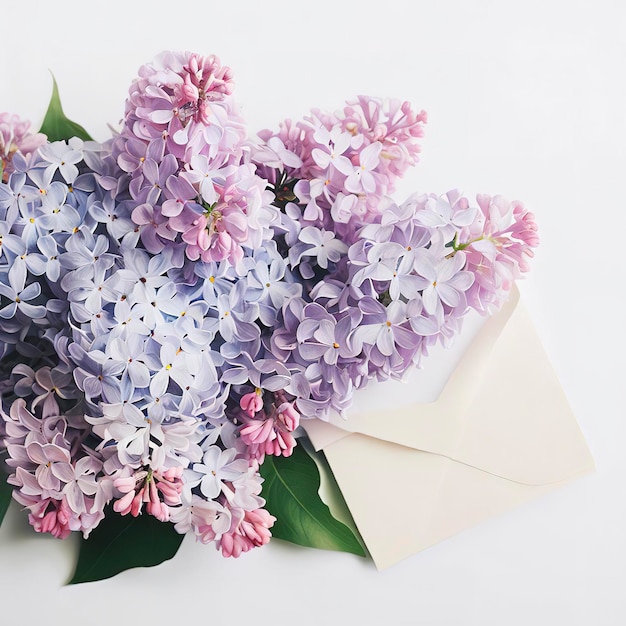 Un bouquet di lilac e un biglietto su sfondo bianco