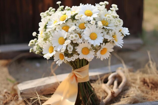 Un bouquet di margherite e un fiocco con fiocco.