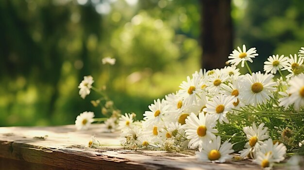 Un bouquet di margherite su un tavolo di legno bagnato dalla calda luce solare