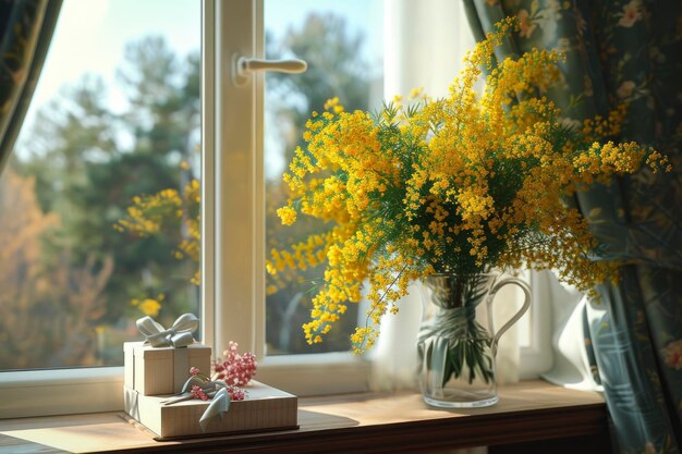 un bouquet di mimosa primaverile in un vaso sul davanzale della finestra e un regalo per la Festa della Donna con un paesaggio primaverile fuori dalla finestra