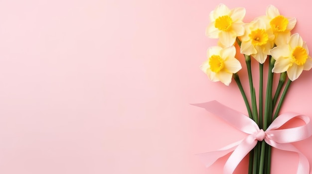 Un bouquet di narcisi su uno sfondo rosa