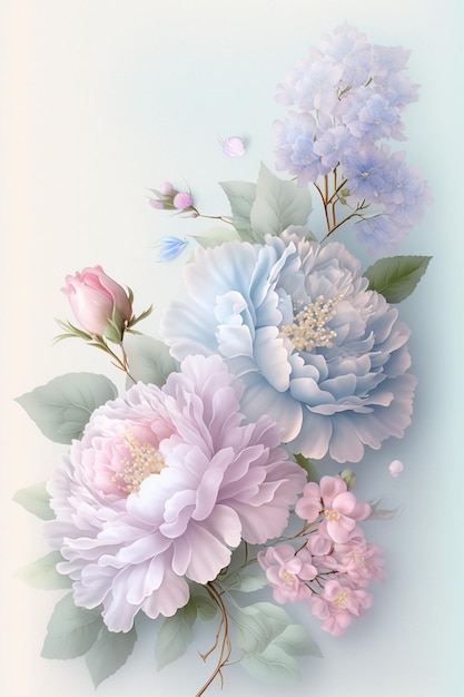 Un bouquet di peonie con fiori su sfondo blu