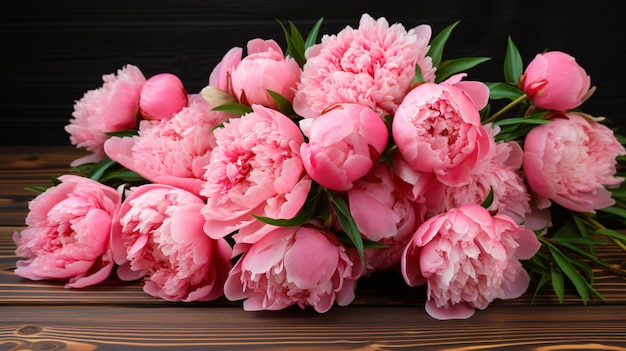Un bouquet di peonie rosa su uno sfondo di legno scuro