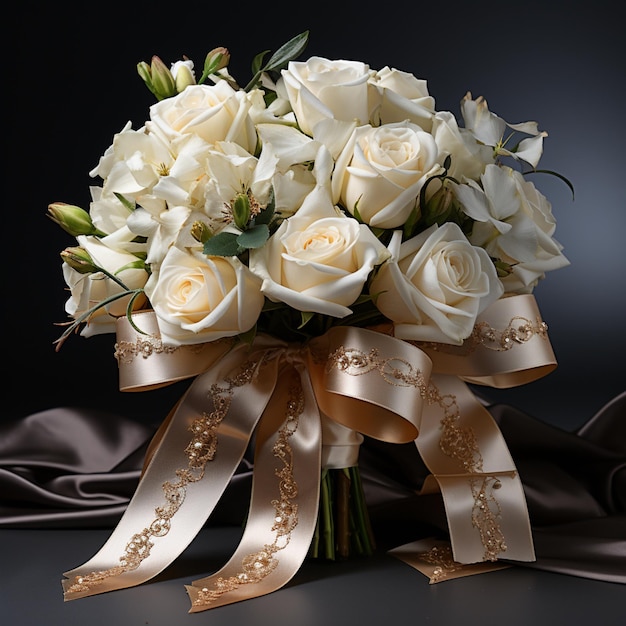 Un bouquet di rose bianche con nastro oro e nastro marrone.