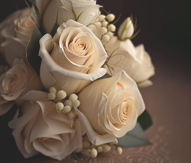 Un bouquet di rose con fiori bianchi e bacche.