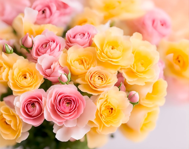 Un bouquet di rose gialle e rosa con foglie verdi.