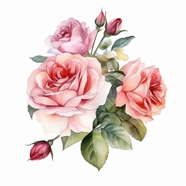 Un bouquet di rose rosa con boccioli e foglie. illustrazione dell'acquerello. illustrazione di riserva