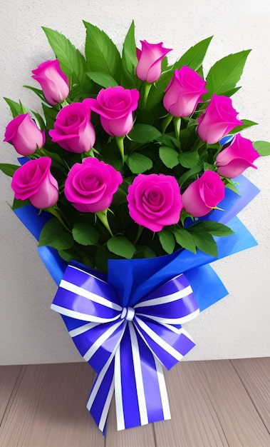 Un bouquet di rose rosa con fiocco.