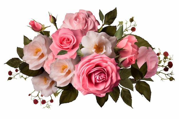 Un bouquet di rose rosa con foglie verdi e bacche rosse.