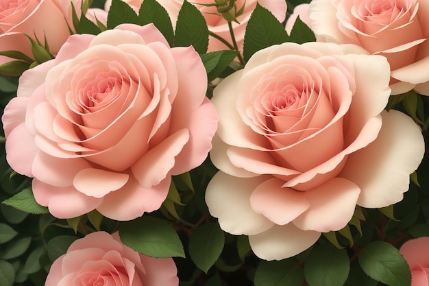 Un bouquet di rose rosa con foglie verdi.