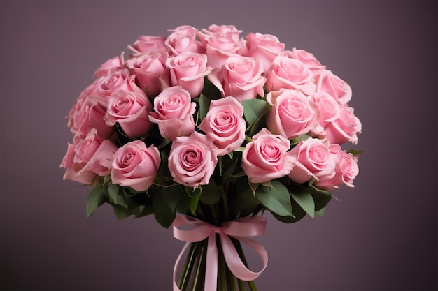 Un bouquet di rose rosa con un nastro legato al collo.