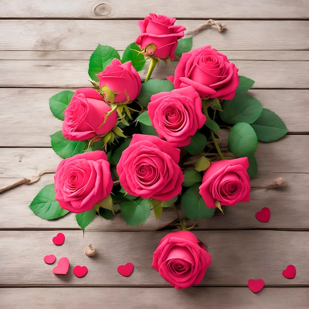 Un bouquet di rose rosa con una decorazione a forma di cuore su un tavolo di legno.