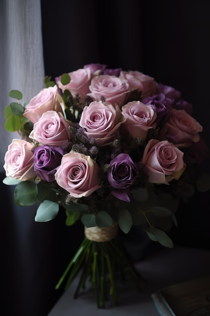 Un bouquet di rose rosa in una stanza buia