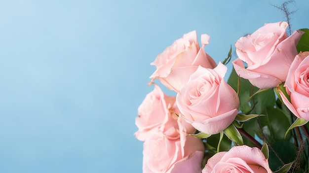 Un bouquet di rose rosa su sfondo blu