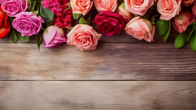 Un bouquet di rose rosa su un tavolo di legno