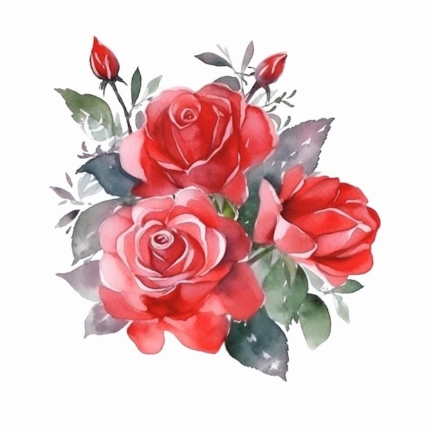 Un bouquet di rose rosse con foglie verdi su sfondo bianco.