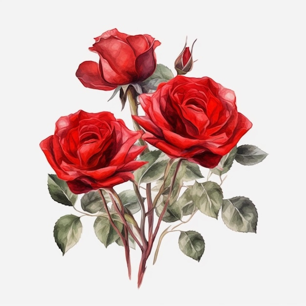 Un bouquet di rose rosse con foglie verdi su sfondo bianco.