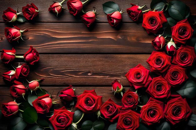 Un bouquet di rose rosse con uno sfondo di legno per il giorno di San Valentino.