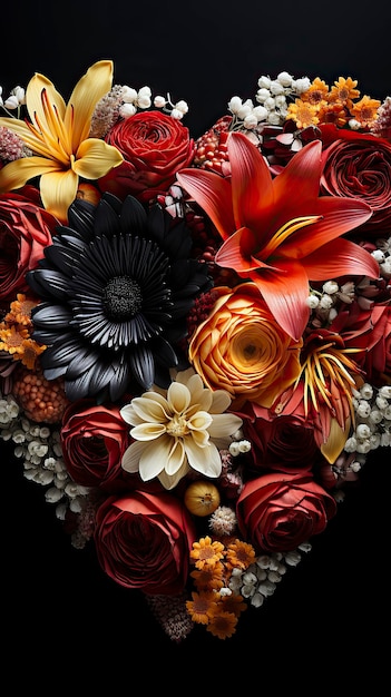 Un bouquet di rose rosse e fiori in una scatola a forma di cuore regalo speciale per San Valentino