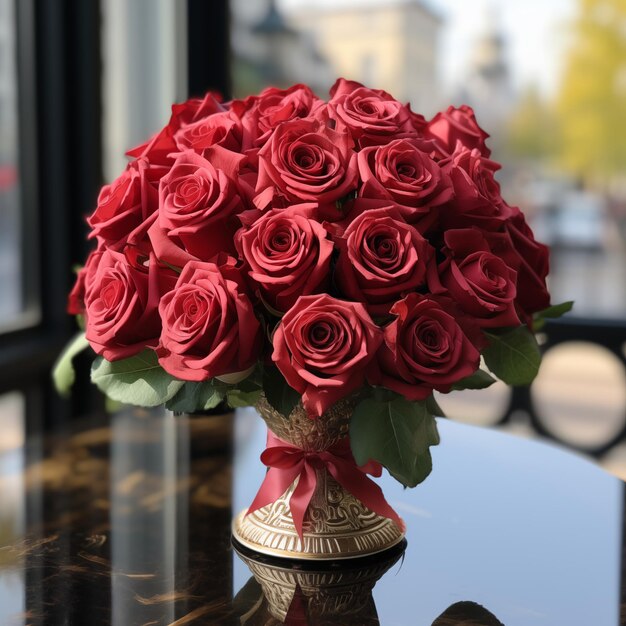 Un bouquet di rose rosse in un vaso su un tavolo decorazione floreale romantica giorno di San Valentino