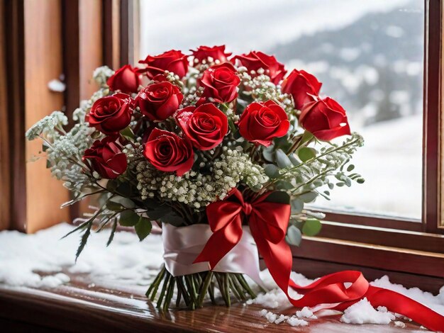 Un bouquet di rose rosse intrecciate con il delicato respiro del bambino e legate con un nastro di raso seduto su un davanzale della finestra con vista su un paesaggio innevato