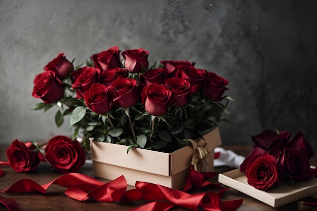 un bouquet di rose rosse sedute in cima a un tavolo