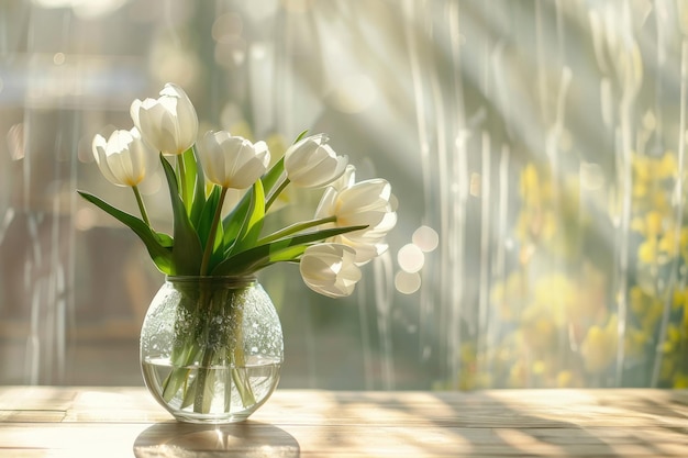 Un bouquet di tulipani bianchi in un vaso di vetro trasparente in primo piano su un tavolo su uno sfondo sfocato