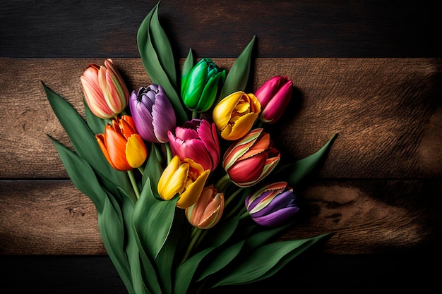 Un bouquet di tulipani colorati su un tavolo di legno.