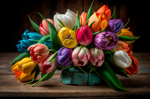 Un bouquet di tulipani colorati su un tavolo di legno