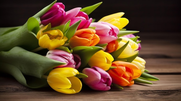 Un bouquet di tulipani colorati su un tavolo di legno