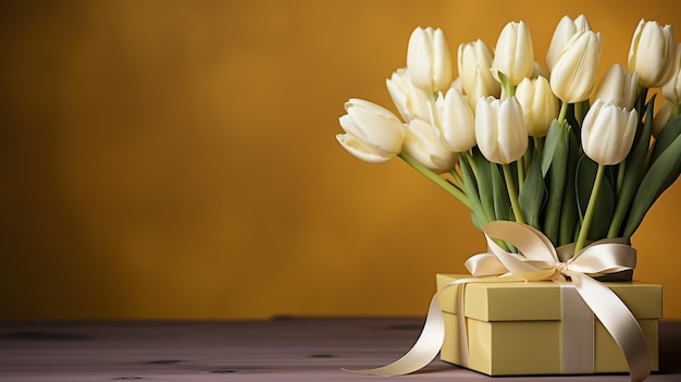 Un bouquet di tulipani gialli in un vaso sul pavimento un regalo per il giorno della donna da fiori di tulipani Gialli Bellissimi fiori gialli in vaso sul muro