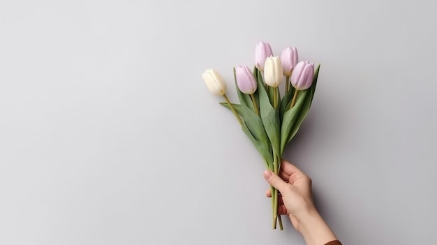 Un bouquet di tulipani in una mano femminile su uno sfondo grigio.