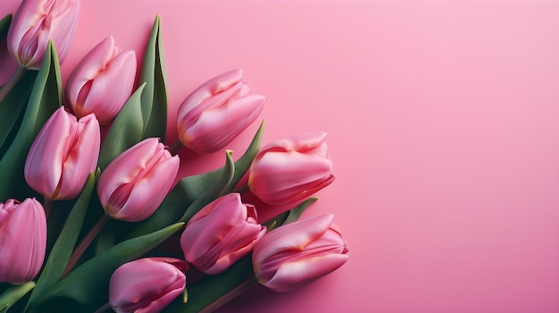 Un bouquet di tulipani rosa su sfondo rosa pastello con copyspace