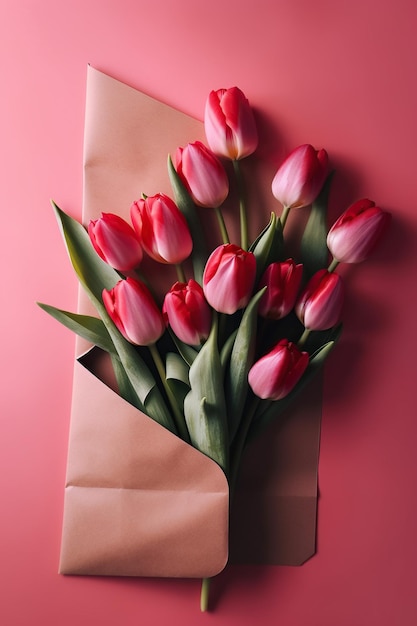Un bouquet di tulipani rosa su sfondo rosa