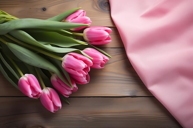 Un bouquet di tulipani rosa su un tavolo di legno un regalo di amore generato