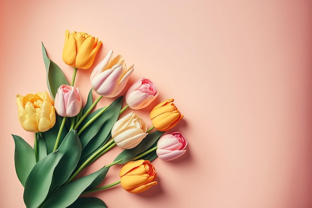 Un bouquet di tulipani su sfondo rosa IA generativa