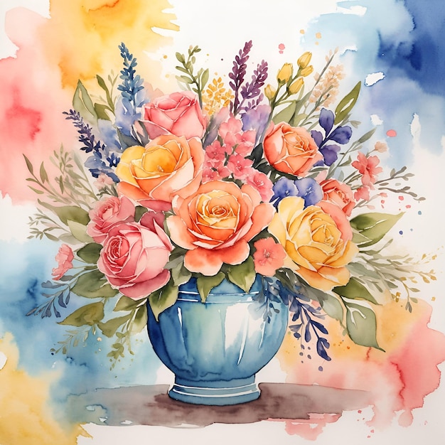 Un bouquet dipinto ad acquerello con un vivace disegno di fiori colorati generato dall'intelligenza artificiale