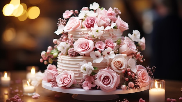 Un bouquet fresco, un dolce matrimonio d'amore, una celebrazione con una torta.