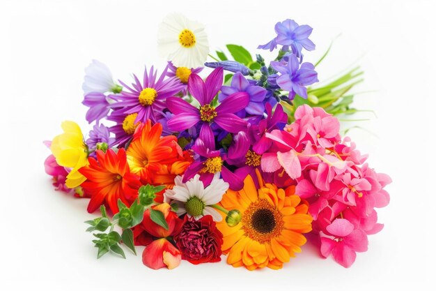 Un bouquet vibrante e colorato di fiori misti isolati su uno sfondo bianco