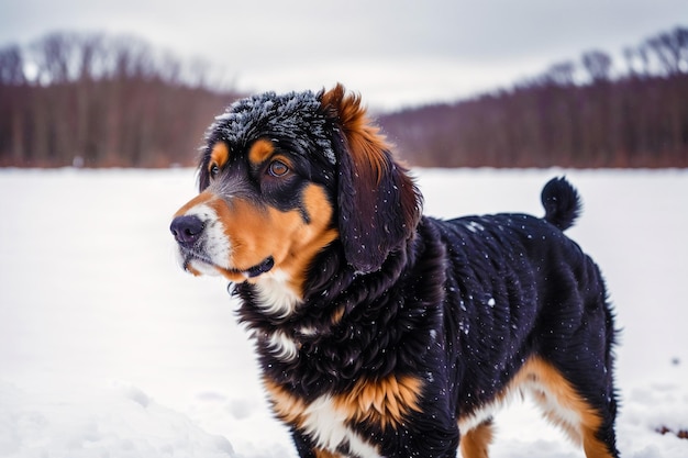 Un bovaro bernese si trova nella neve.